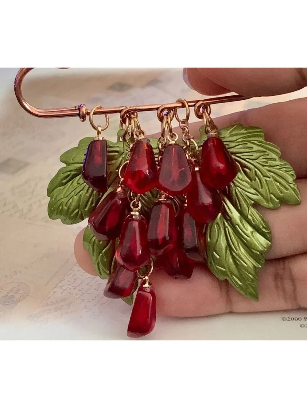 Charming Leaf & Red Berry Dangle Safety Pin Brooch - Nature Inspired Fun